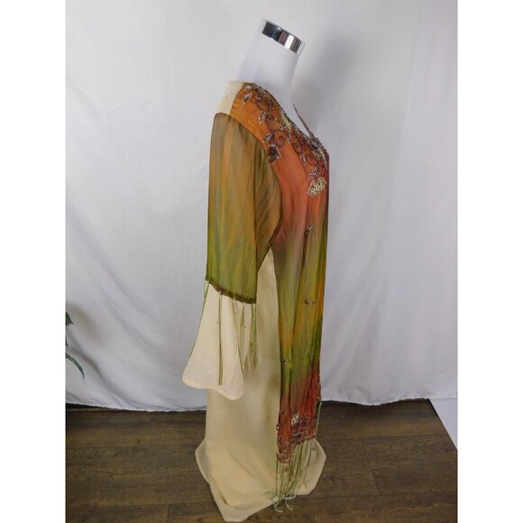 Boho Beaded Maxi Dress Womens 3 Embroidered Ombre Fringe Festival Summer Flowy - Picture 10 of 12